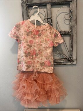 LoveShackFancy Pink Floral Pocket Tee with Peach Tulle Skirt